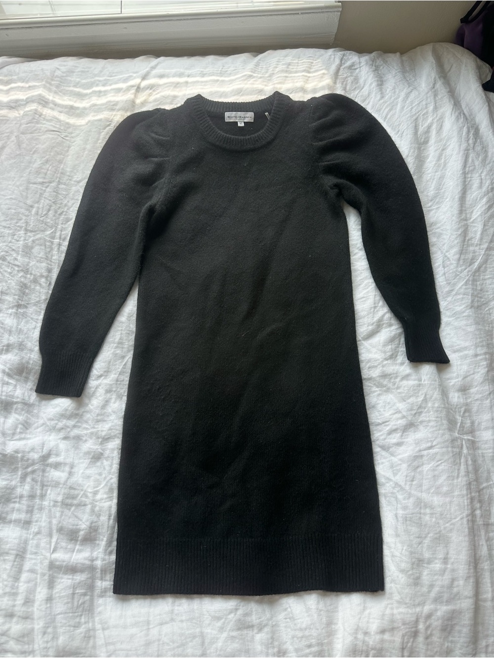 White + Warren Black Long Sleeve Puff-Shoulder Sweater Dress